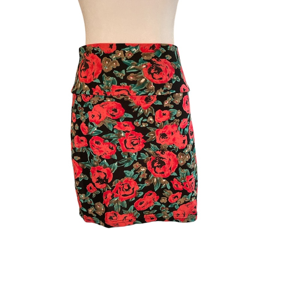 Swool Navy, Pink, Tan & Green Floral Print Knit Stretch Mini Skirt Size Medium